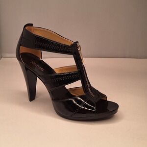 Michael Kors Black Patent Leather T-Strap Cage Heels Front Zip Stiletto Sandals